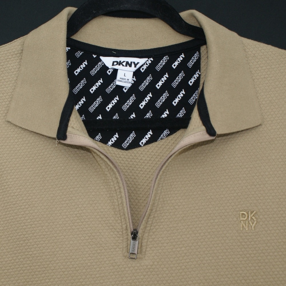 DKNY Mens Tan Waffle Knit Quarter Zip Short Sleeve Polo Shirt Large Khaki Logo